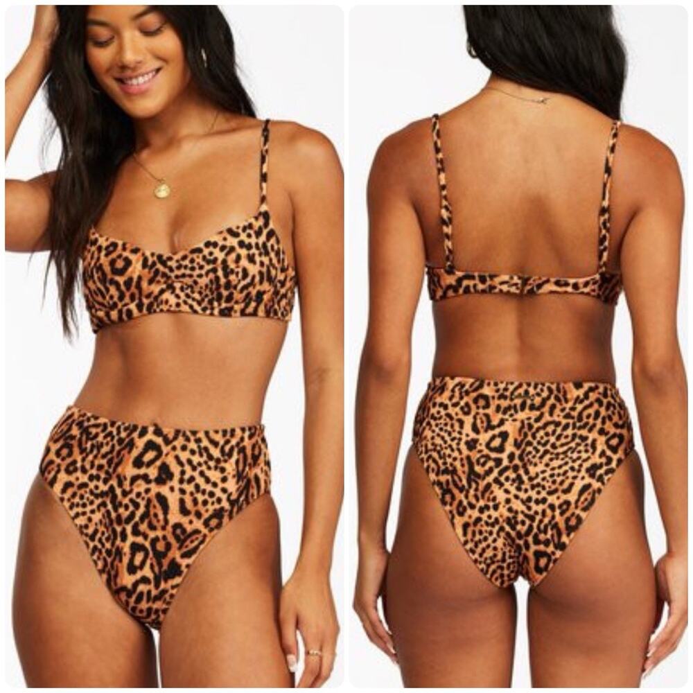 Billabong Hidden Wild Underwire Leopard Print High Waist Bikini Set Retro Sz M/L